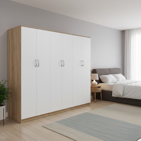 Ντουλάπα εξάφυλλη Athos ΙΙ pakoworld sonoma-λευκή 240x42x180εκ
