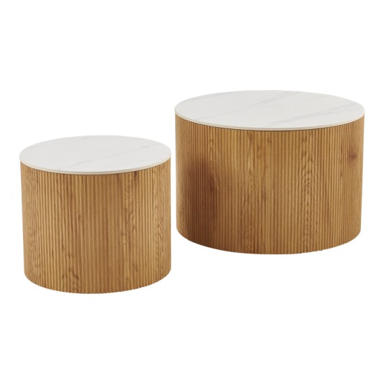 Τραπέζι σαλονιού Nelba pakoworld σετ 2τεμ oak MDF με  κεραμική επιφάνεια σε όψη μαρμάρου